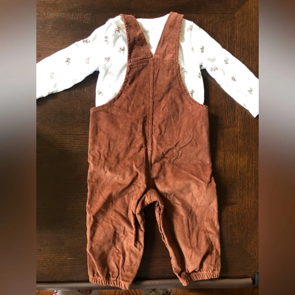 Carters Just One You 2pc Brown Moose Corduroy Overalls & Long Sleeve Top Sz 9 mo